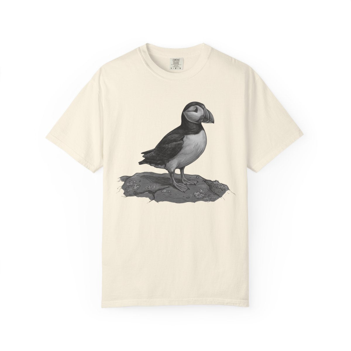 Color: Ivory | Pencil Sketch Art Puffin Unisex Garment-Dyed Tee
