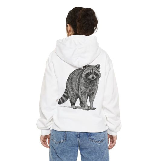 Color: White | Pencil Sketch Art Raccoon Garment-Dyed Hoodie