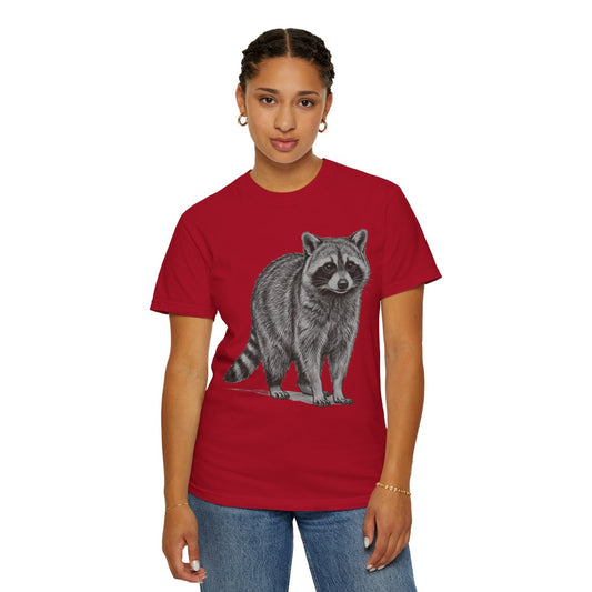 Color: Red | Pencil Sketch Art Raccoon Unisex Garment-Dyed Tee
