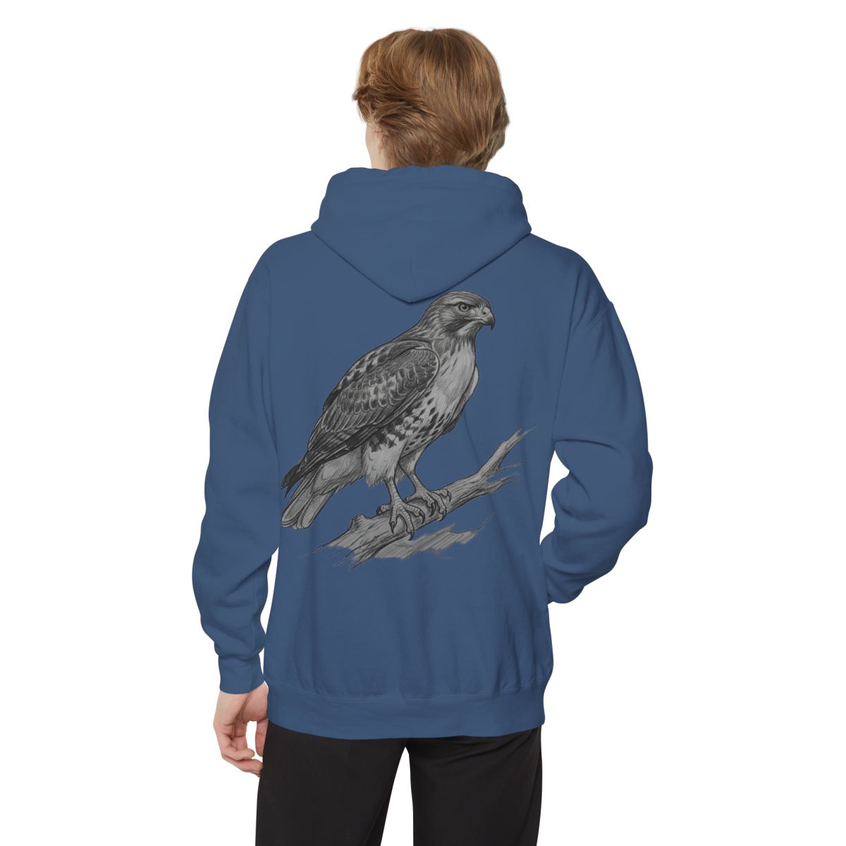 Color: True Navy | Pencil Sketch Art Red-Tailed Hawk Garment-Dyed Hoodie