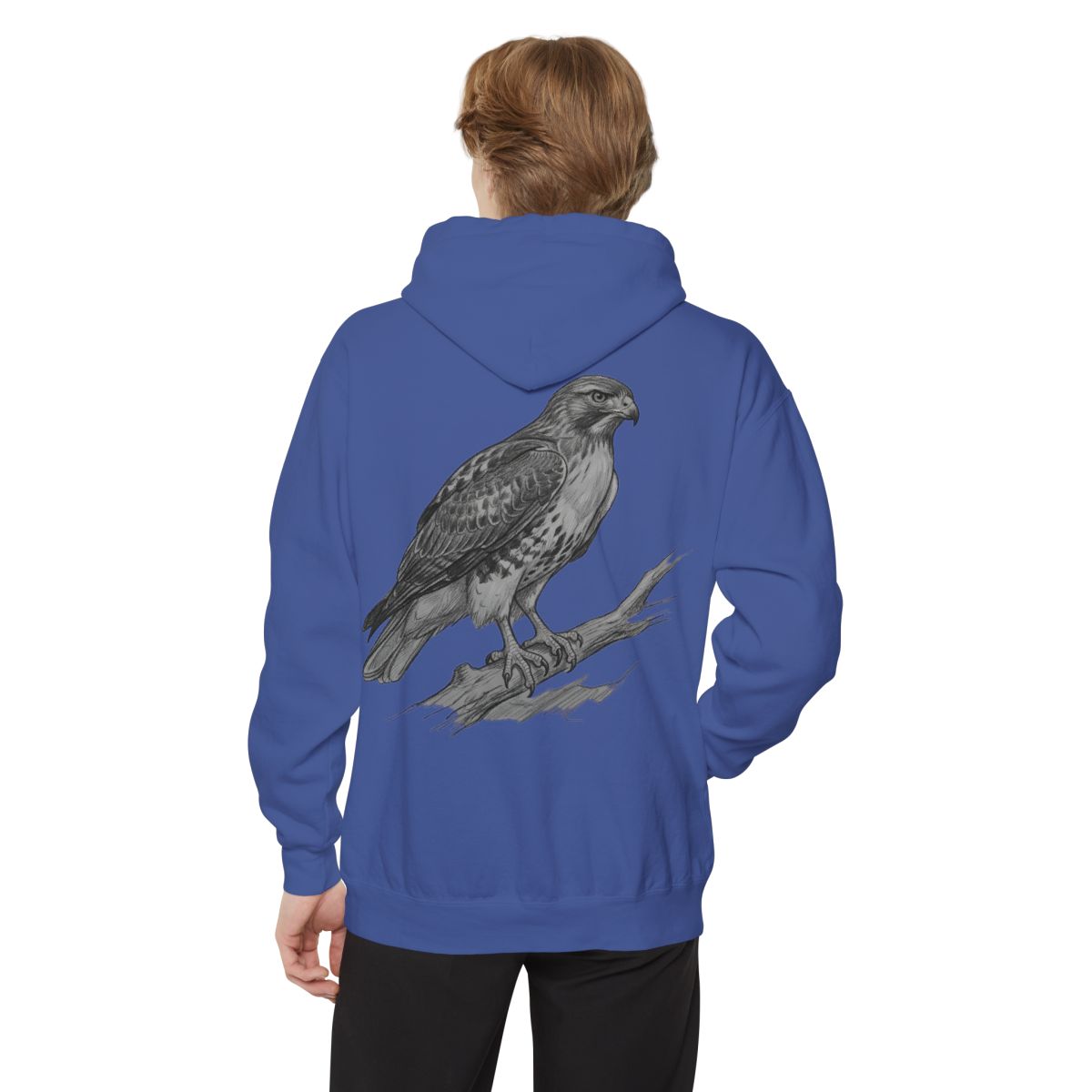 Color: Flo Blue | Pencil Sketch Art Red-Tailed Hawk Garment-Dyed Hoodie