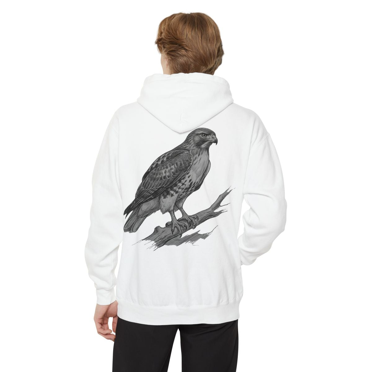 Color: White | Pencil Sketch Art Red-Tailed Hawk Garment-Dyed Hoodie