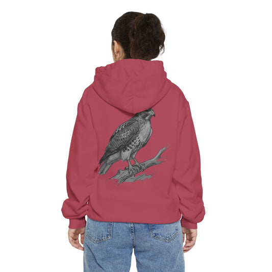 Color: Crimson | Pencil Sketch Art Red-Tailed Hawk Garment-Dyed Hoodie