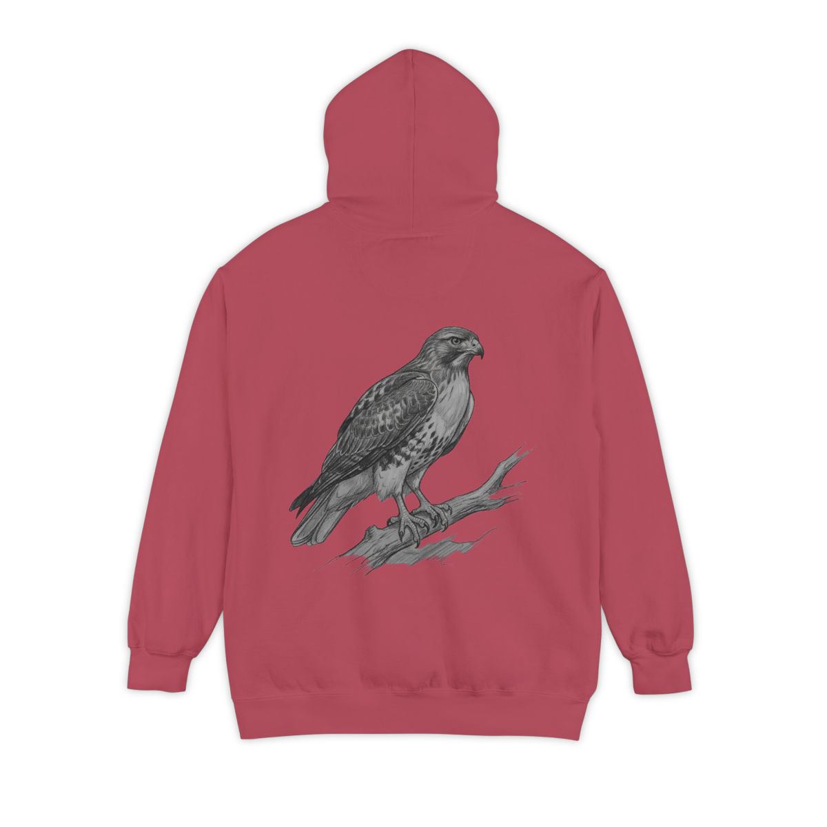 Color: Crimson | Pencil Sketch Art Red-Tailed Hawk Garment-Dyed Hoodie