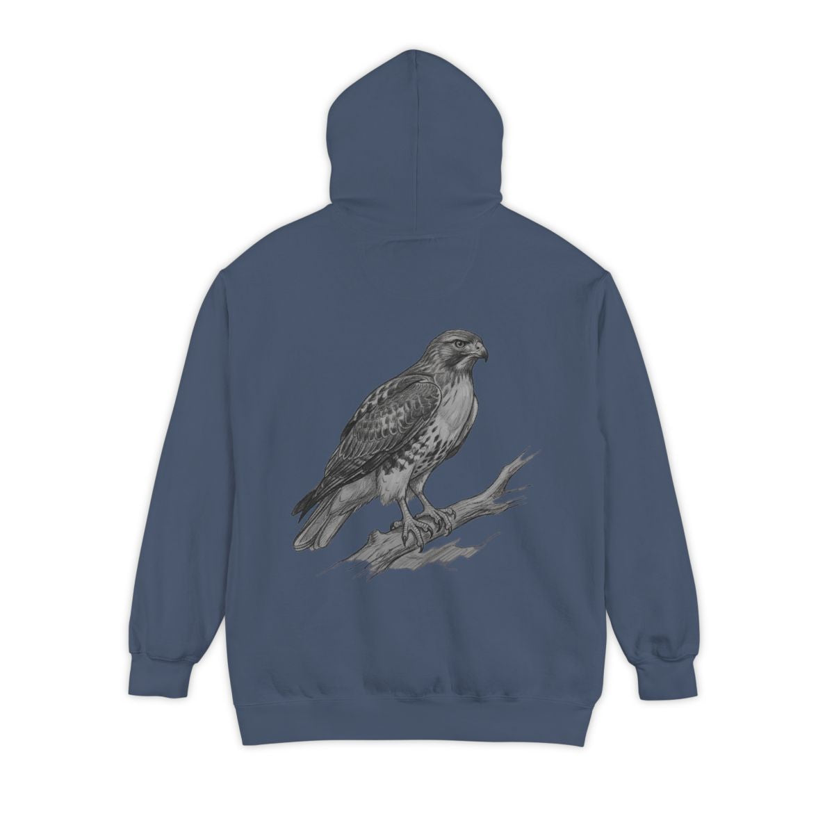 Color: Denim | Pencil Sketch Art Red-Tailed Hawk Garment-Dyed Hoodie