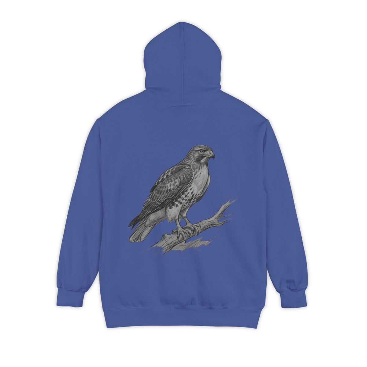 Color: Flo Blue | Pencil Sketch Art Red-Tailed Hawk Garment-Dyed Hoodie