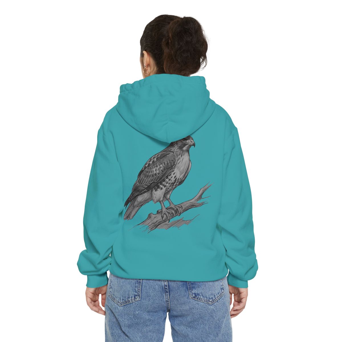 Color: Seafoam | Pencil Sketch Art Red-Tailed Hawk Garment-Dyed Hoodie