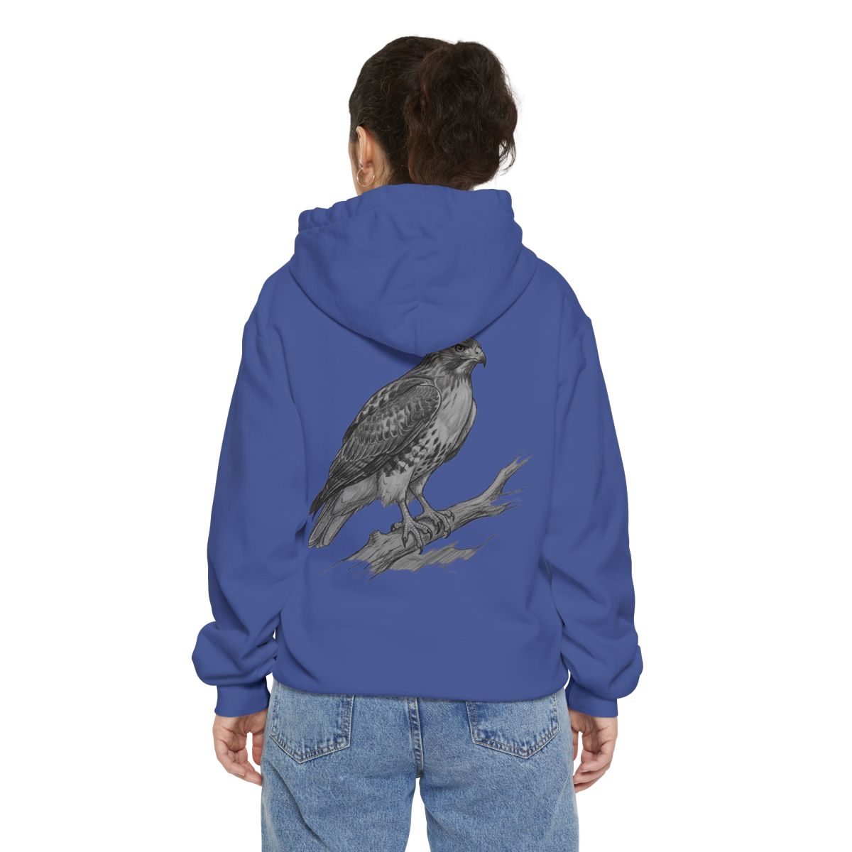 Color: Flo Blue | Pencil Sketch Art Red-Tailed Hawk Garment-Dyed Hoodie