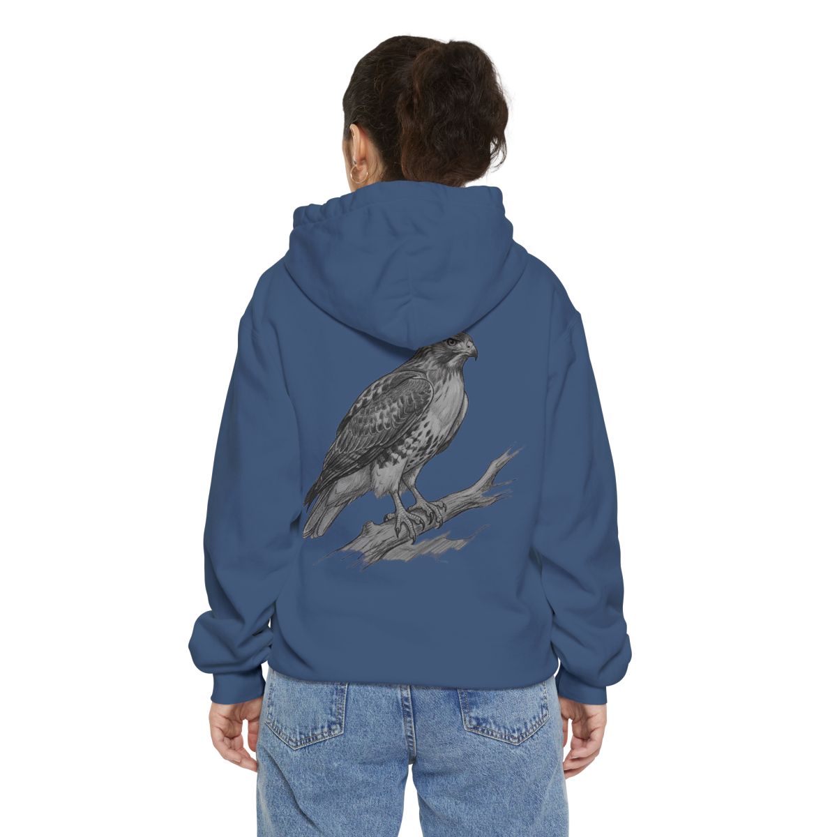Color: True Navy | Pencil Sketch Art Red-Tailed Hawk Garment-Dyed Hoodie