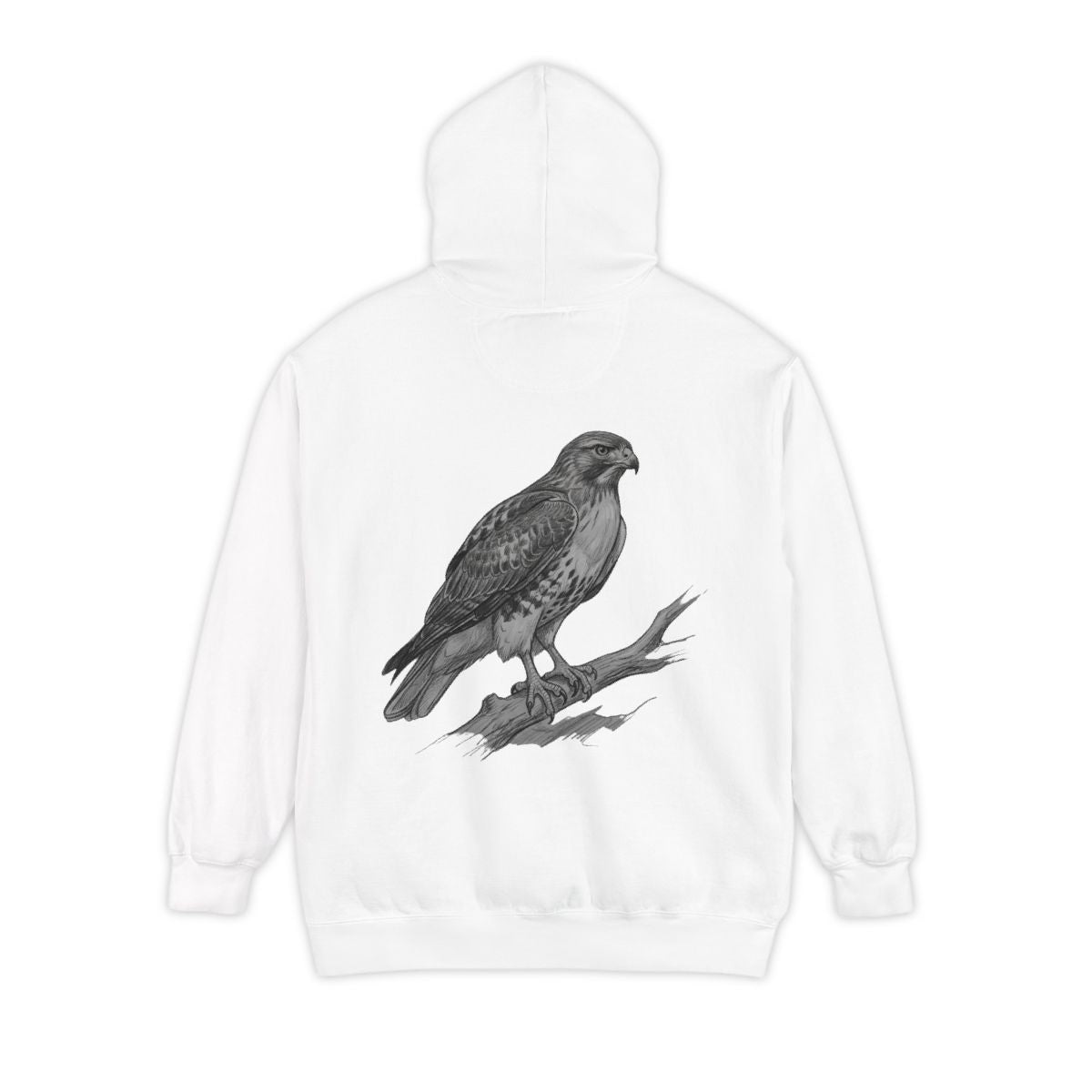 Color: White | Pencil Sketch Art Red-Tailed Hawk Garment-Dyed Hoodie