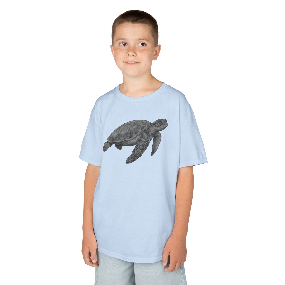 Color: Light Blue | Pencil Sketch Art Sea Turtle Kids Tee