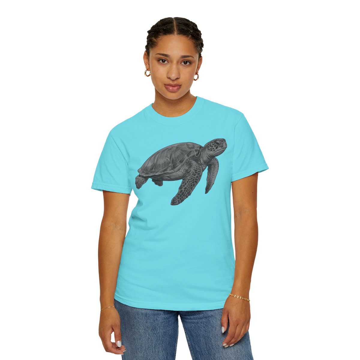 Color: Lagoon Blue | Pencil Sketch Art Sea Turtle Unisex Garment-Dyed Tee