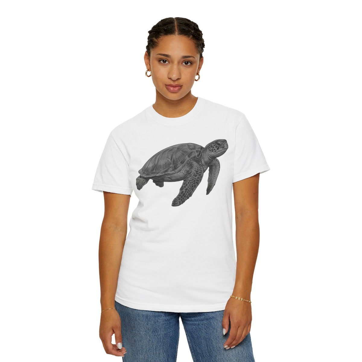 Color: White | Pencil Sketch Art Sea Turtle Unisex Garment-Dyed Tee