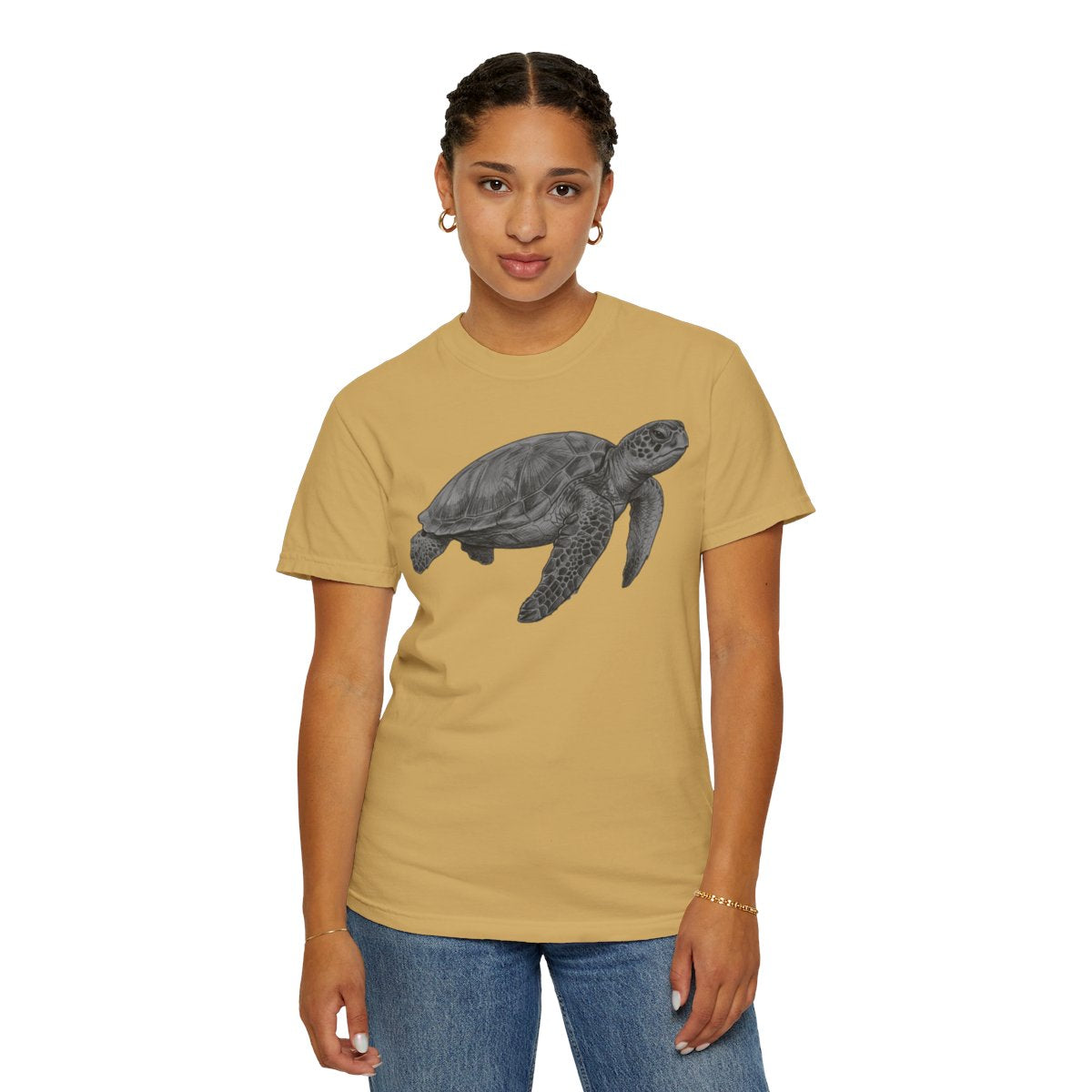 Color: Mustard | Pencil Sketch Art Sea Turtle Unisex Garment-Dyed Tee