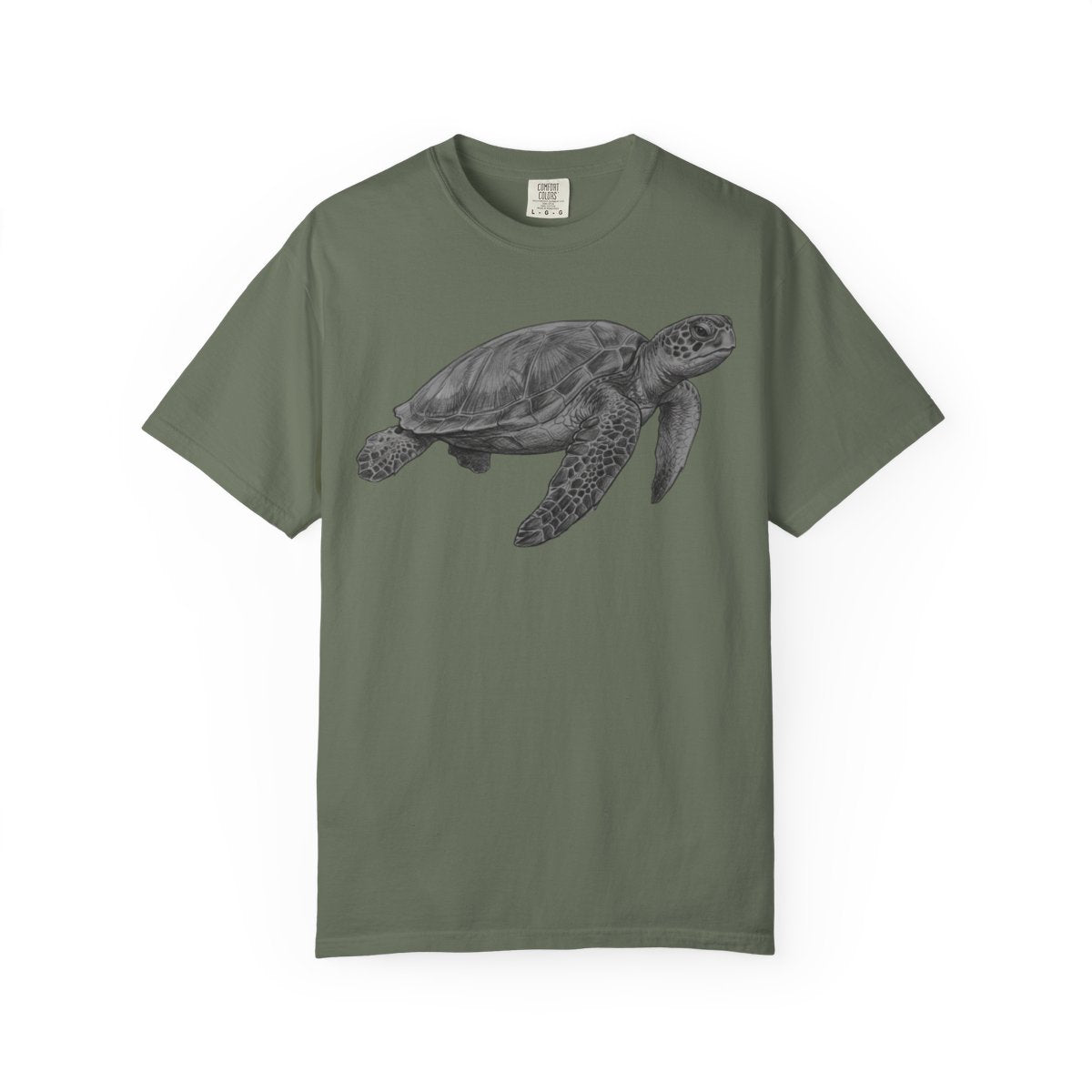 Color: Moss | Pencil Sketch Art Sea Turtle Unisex Garment-Dyed Tee