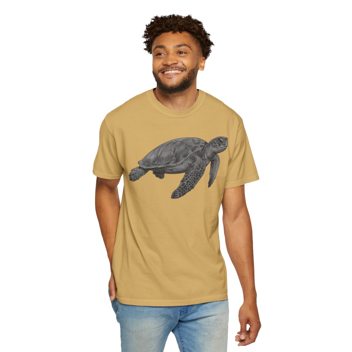 Color: Mustard | Pencil Sketch Art Sea Turtle Unisex Garment-Dyed Tee
