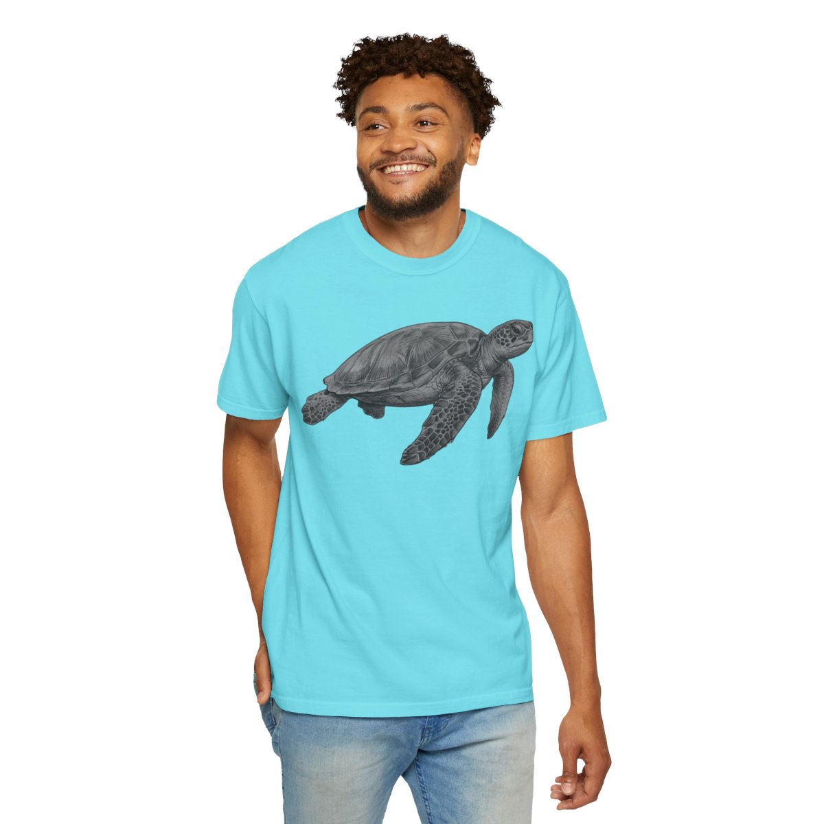Color: Lagoon Blue | Pencil Sketch Art Sea Turtle Unisex Garment-Dyed Tee