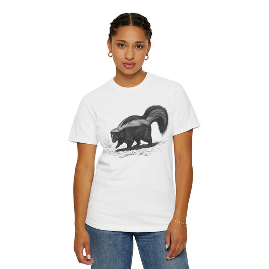 Color: White | Pencil Sketch Art Skunk Unisex Garment-Dyed Tee