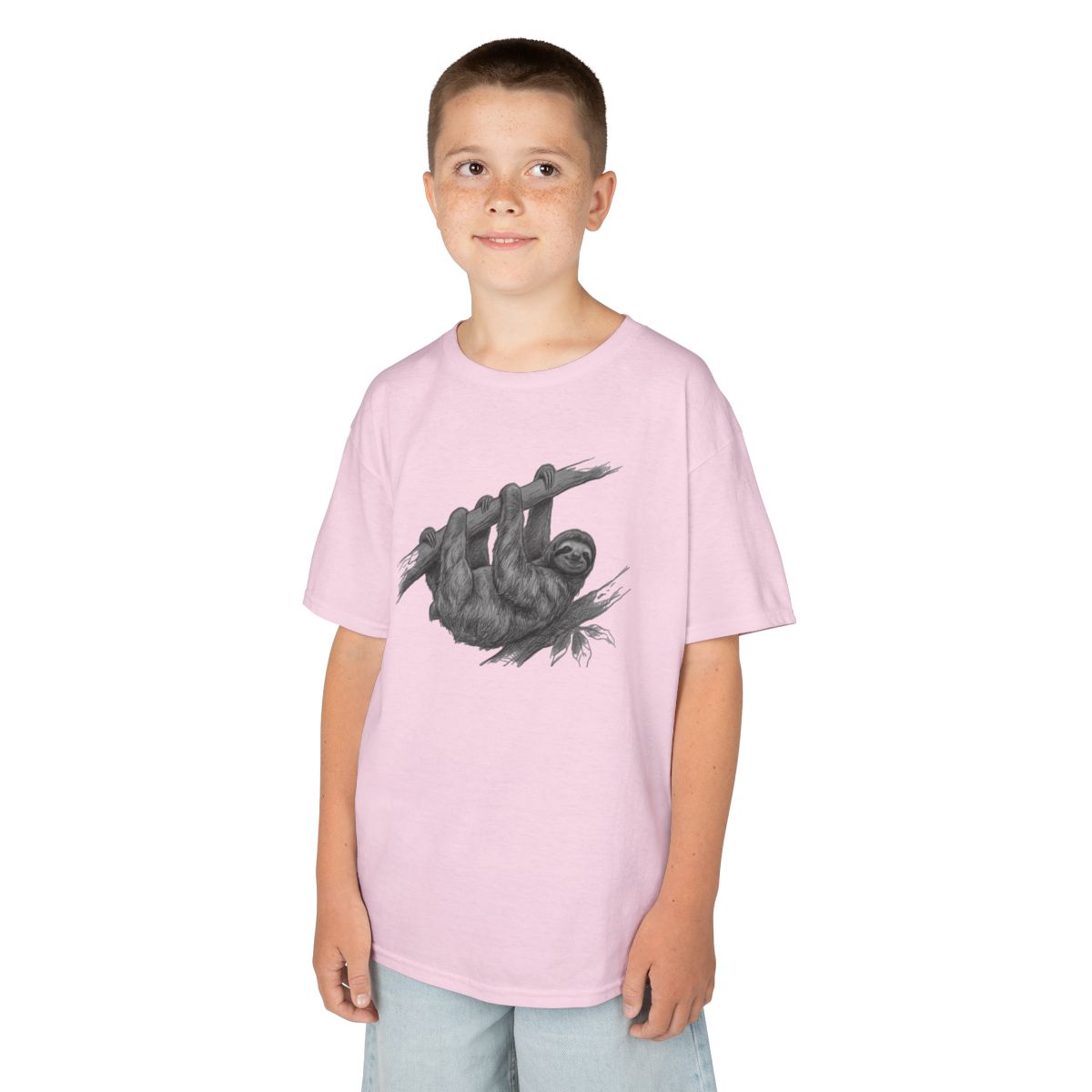 Color: Light Pink | Pencil Sketch Art Sloth Kids Tee