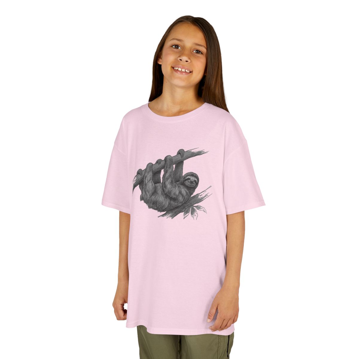 Color: Light Pink | Pencil Sketch Art Sloth Kids Tee