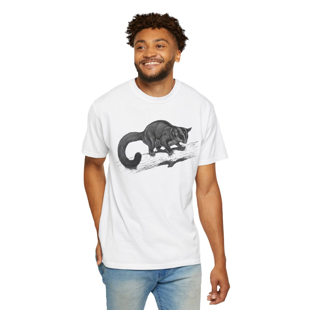 Color: White | Pencil Sketch Art Sugar Glider Unisex Garment-Dyed Tee