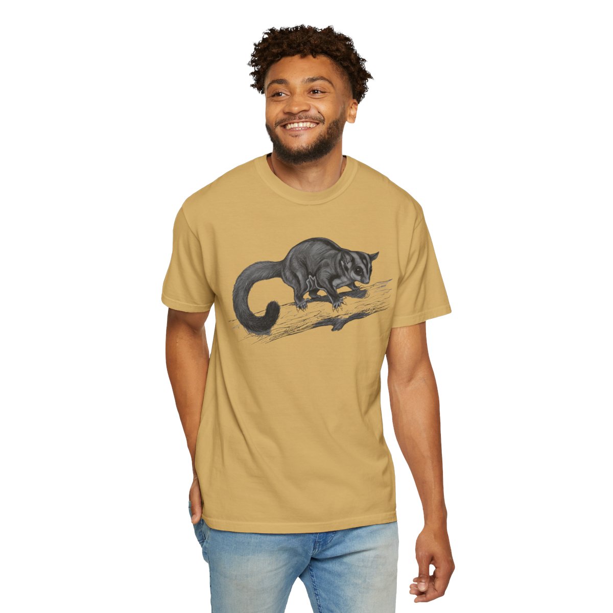 Color: Mustard | Pencil Sketch Art Sugar Glider Unisex Garment-Dyed Tee