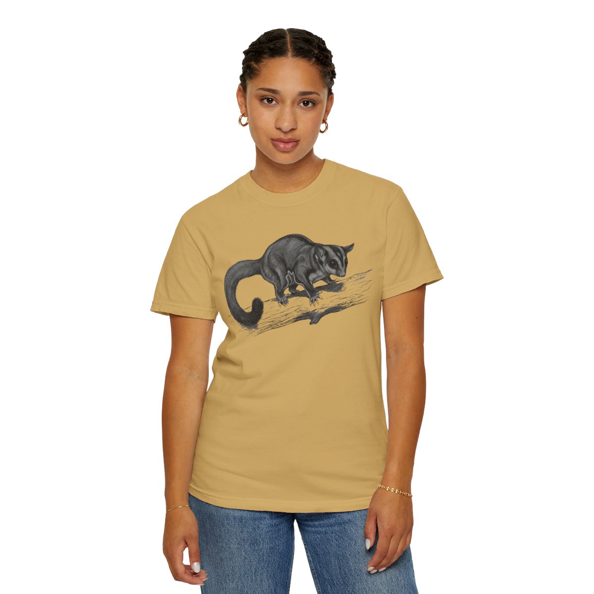 Color: Mustard | Pencil Sketch Art Sugar Glider Unisex Garment-Dyed Tee