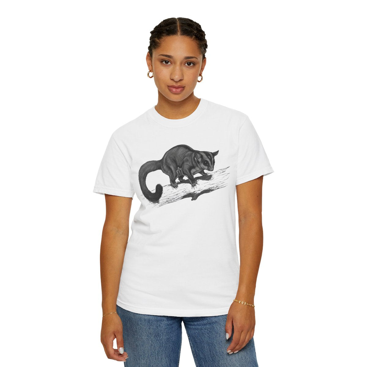 Color: White | Pencil Sketch Art Sugar Glider Unisex Garment-Dyed Tee
