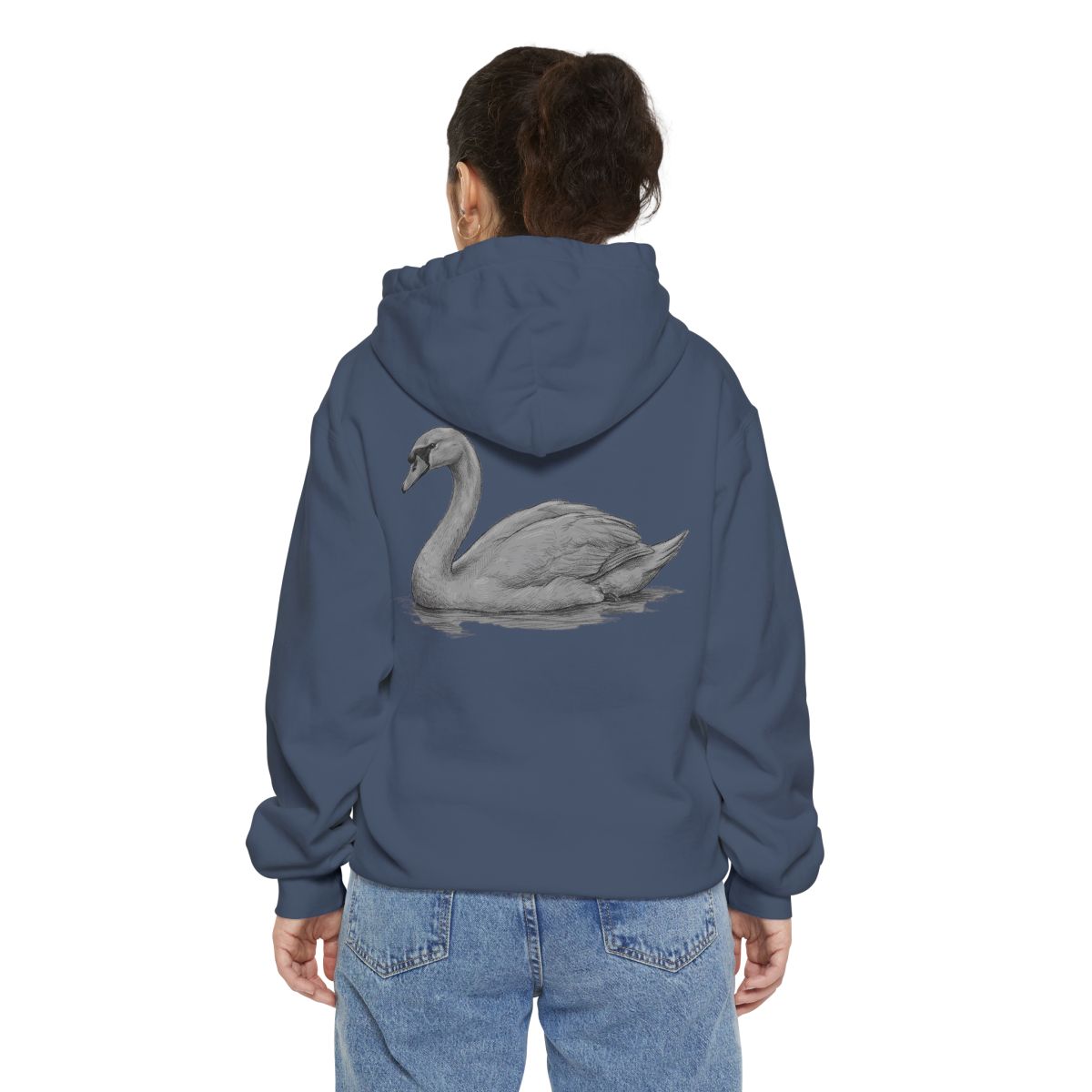 Color: Denim | Pencil Sketch Art Swan Garment-Dyed Hoodie