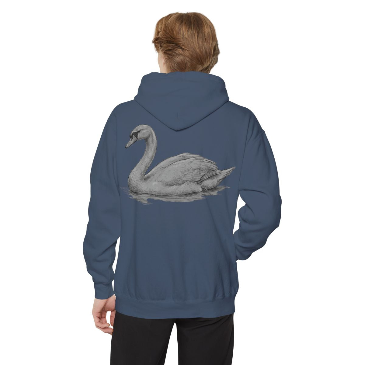 Color: Denim | Pencil Sketch Art Swan Garment-Dyed Hoodie