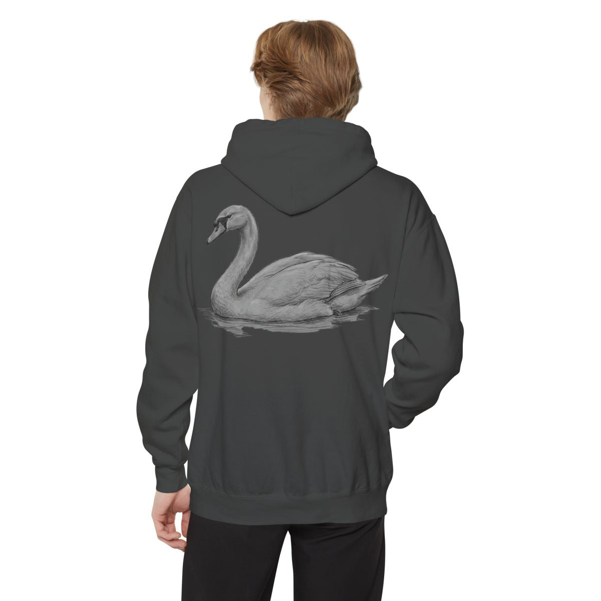 Color: Pepper | Pencil Sketch Art Swan Garment-Dyed Hoodie