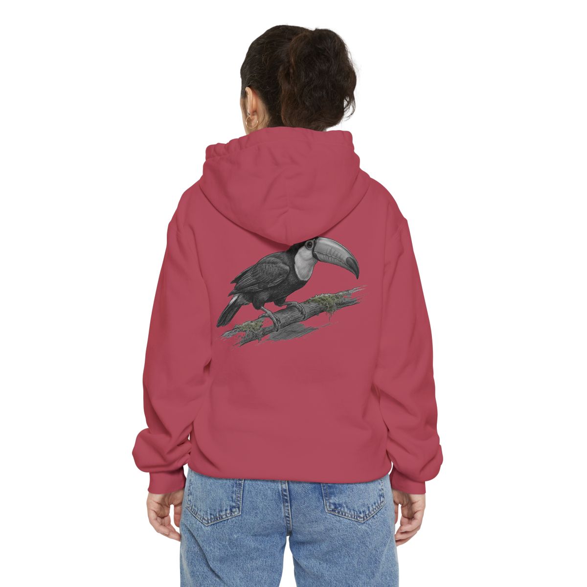 Color: Crimson | Pencil Sketch Art Toucan Garment-Dyed Hoodie