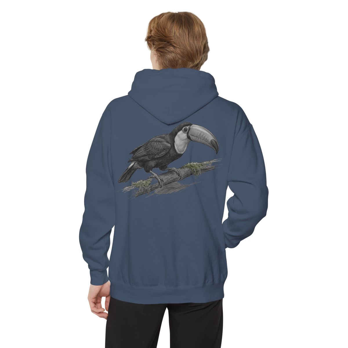 Color: Denim | Pencil Sketch Art Toucan Garment-Dyed Hoodie