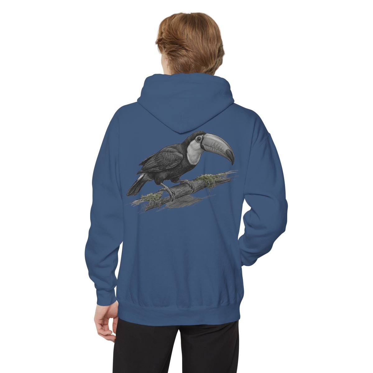Color: True Navy | Pencil Sketch Art Toucan Garment-Dyed Hoodie