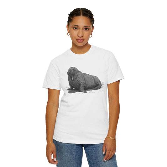 Color: White | Pencil Sketch Art Walrus Unisex Garment-Dyed Tee