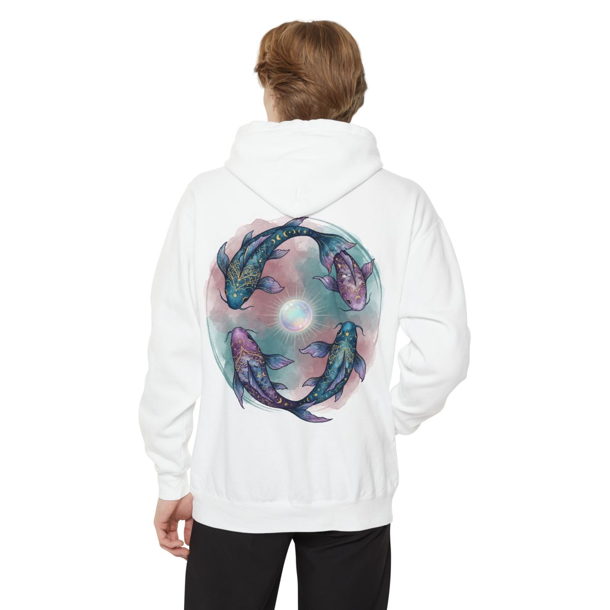 Color: White | Pisces The Infinite Fish Garment-Dyed Hoodie