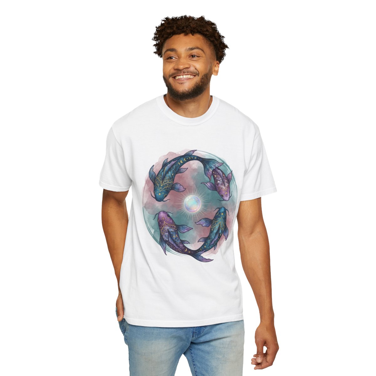 Color: White | Pisces The Infinite Fish Unisex Garment-Dyed Tee