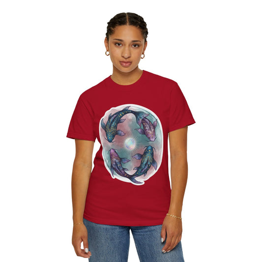 Color: Red | Pisces The Infinite Fish Unisex Garment-Dyed Tee