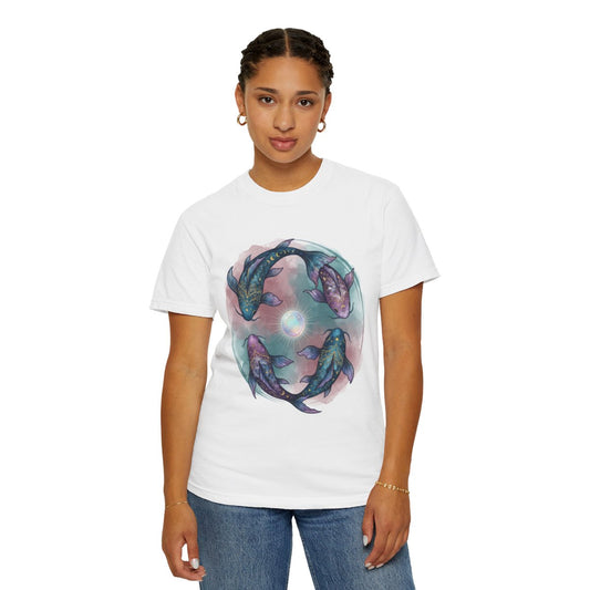 Color: White | Pisces The Infinite Fish Unisex Garment-Dyed Tee