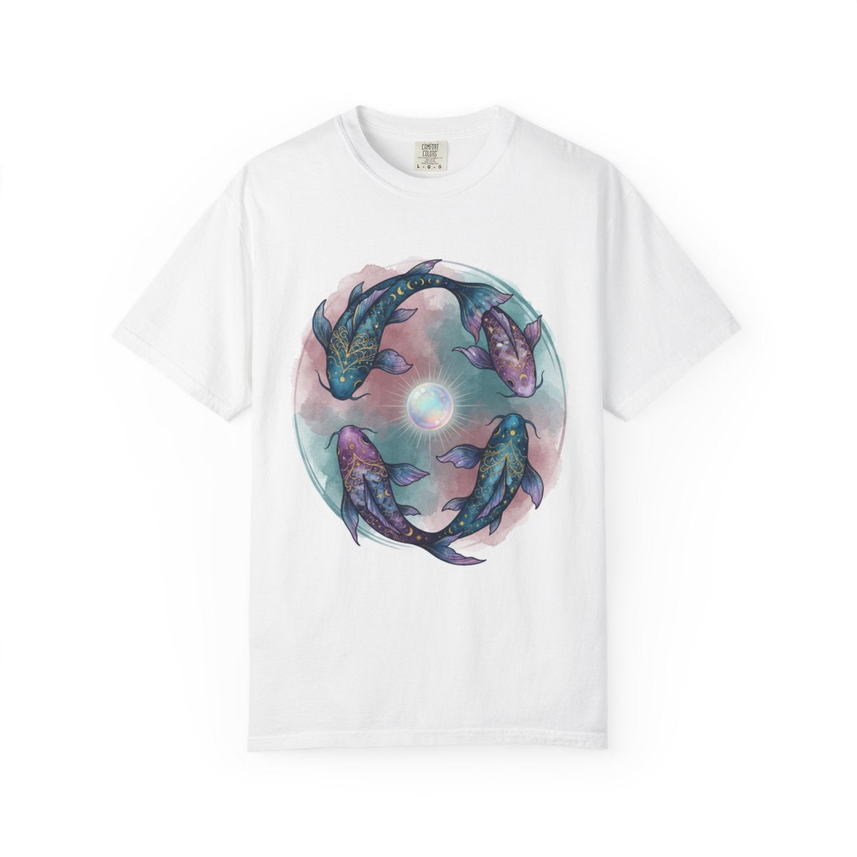 Color: White | Pisces The Infinite Fish Unisex Garment-Dyed Tee