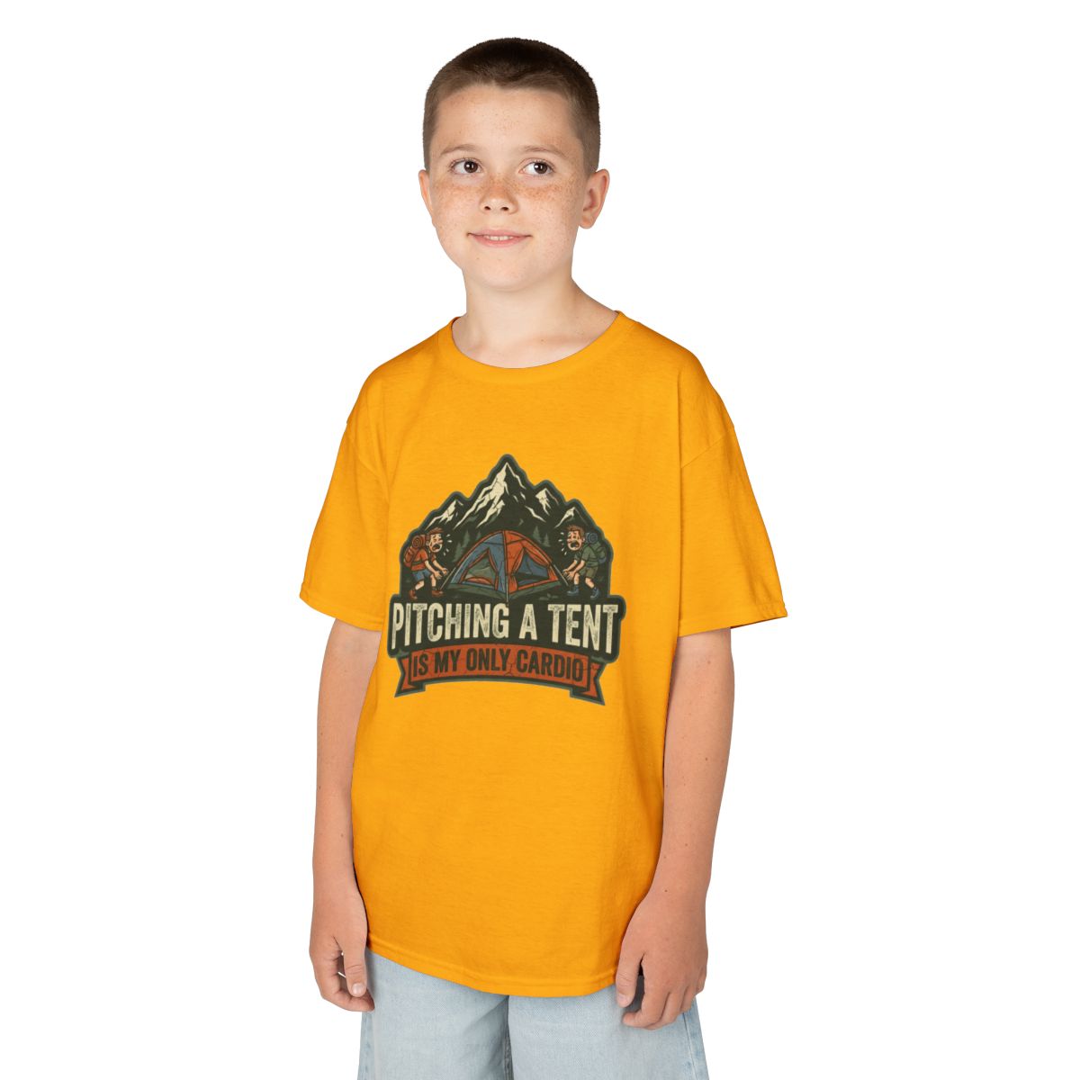 Color: Gold | Pitching A Tent Is My Only Cardio Kids Tee