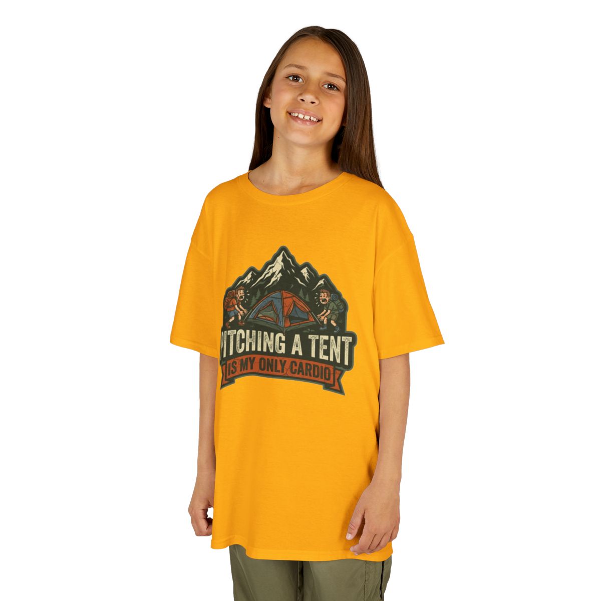 Color: Gold | Pitching A Tent Is My Only Cardio Kids Tee