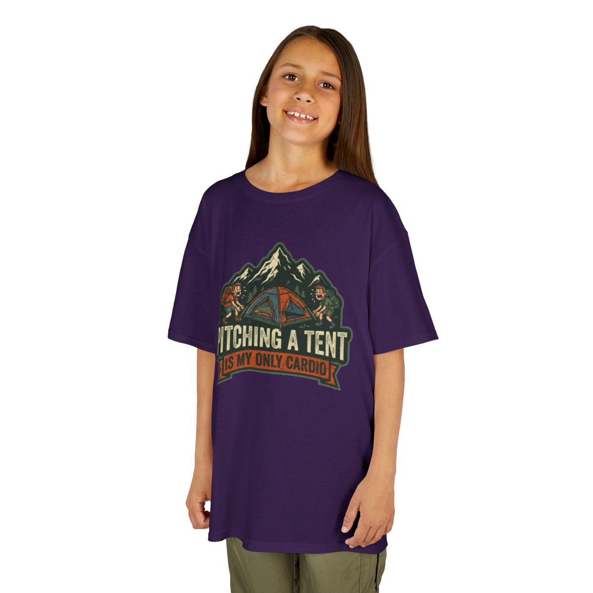 Color: Purple | Pitching A Tent Is My Only Cardio Kids Tee