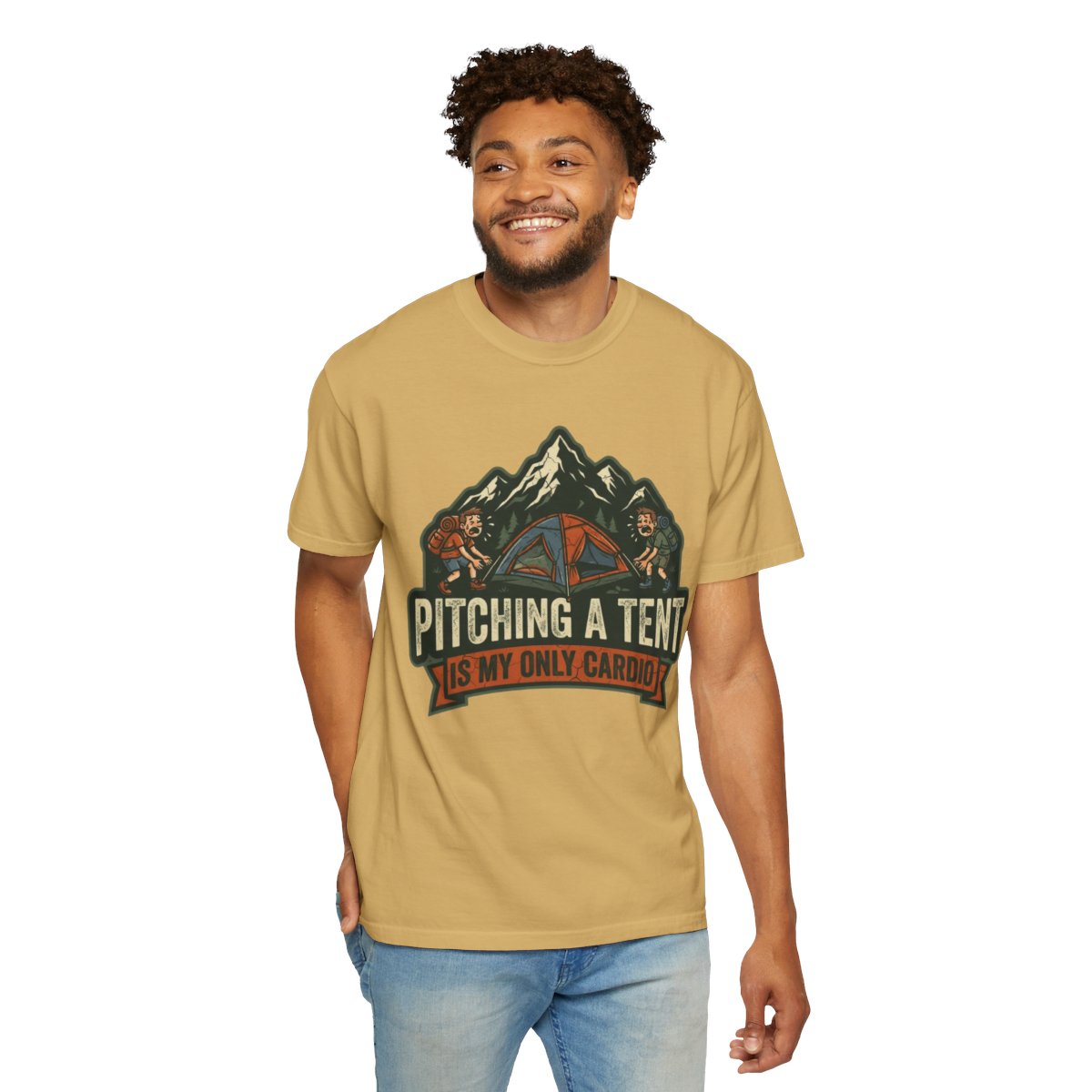 Color: Mustard | Pitching A Tent Is My Only Cardio Unisex Garment-Dyed Tee