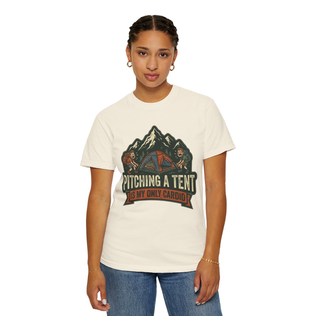 Color: Ivory | Pitching A Tent Is My Only Cardio Unisex Garment-Dyed Tee