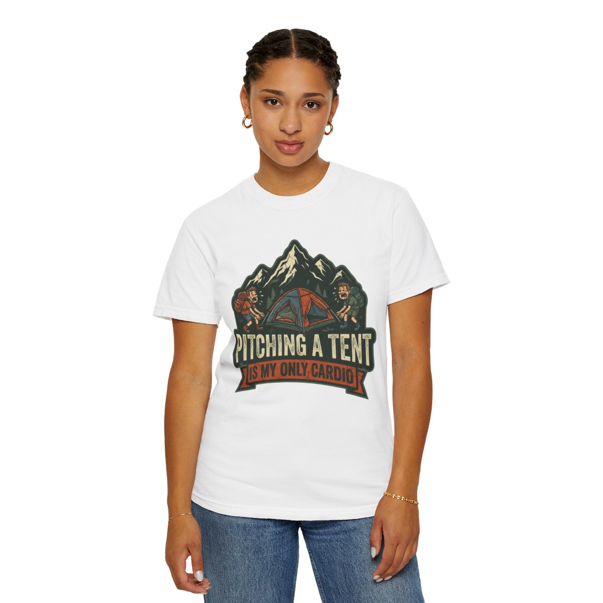 Color: White | Pitching A Tent Is My Only Cardio Unisex Garment-Dyed Tee