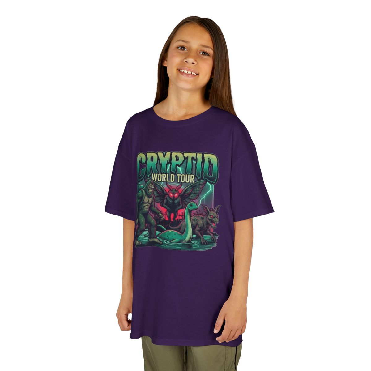 Color: Purple | Puzizia (Global-Cryptid Mashup) Cryptid World Tour Kids Tee