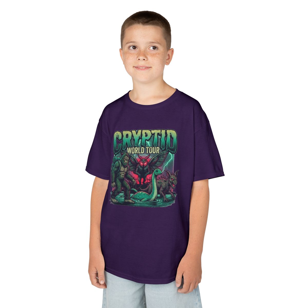 Color: Purple | Puzizia (Global-Cryptid Mashup) Cryptid World Tour Kids Tee