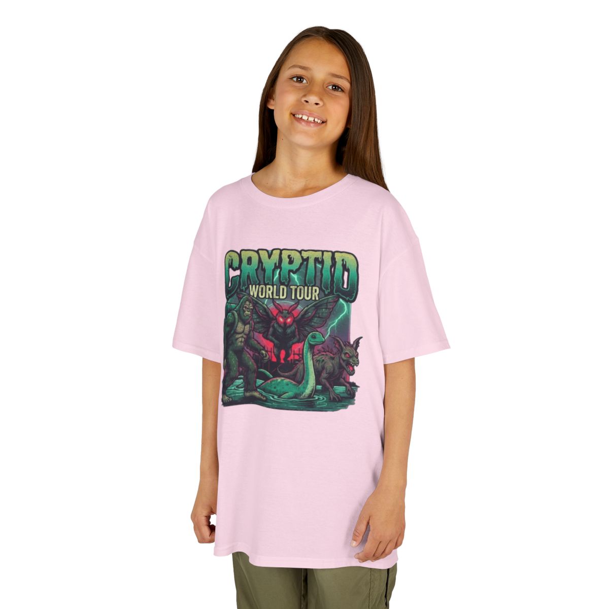 Color: Light Pink | Puzizia (Global-Cryptid Mashup) Cryptid World Tour Kids Tee