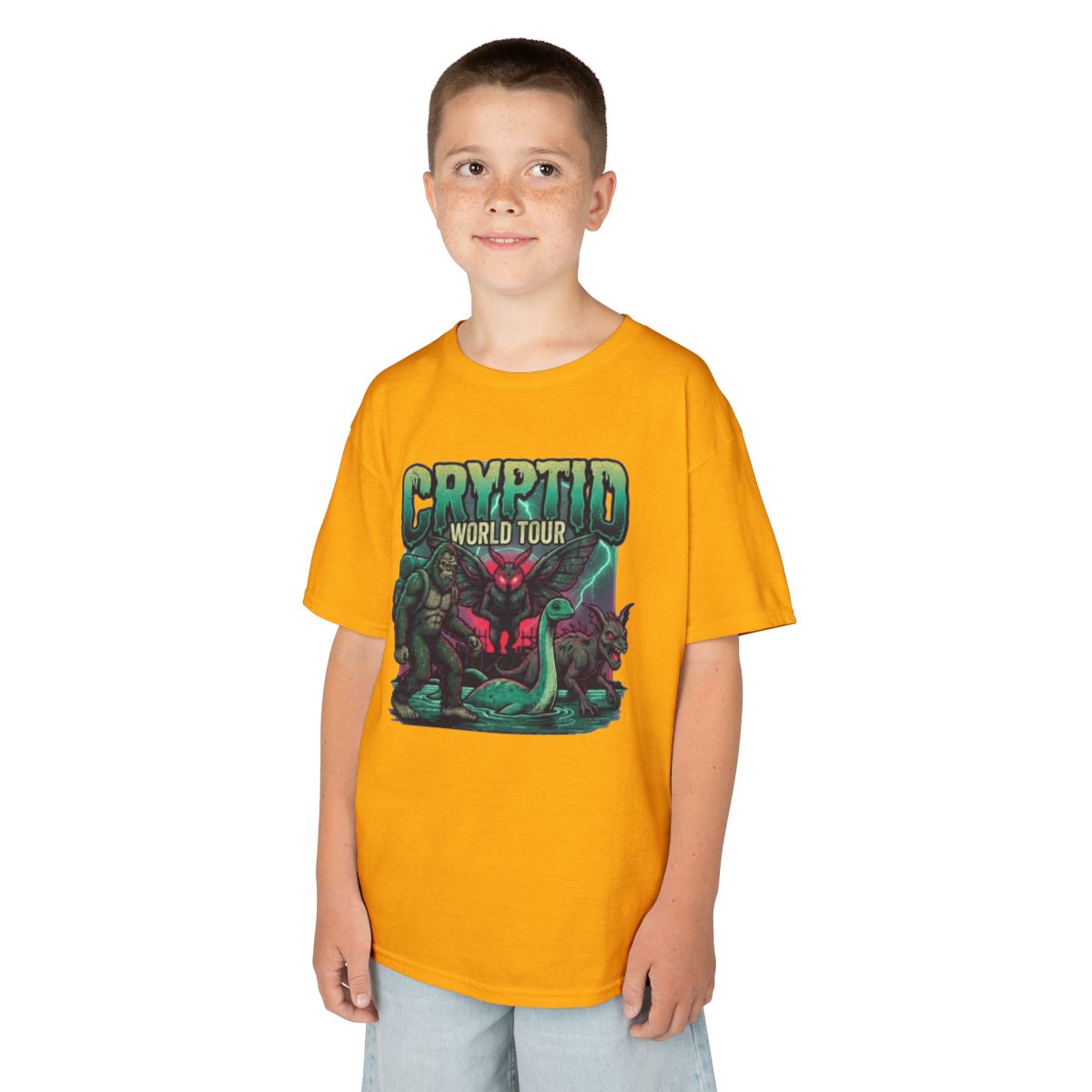 Color: Gold | Puzizia (Global-Cryptid Mashup) Cryptid World Tour Kids Tee